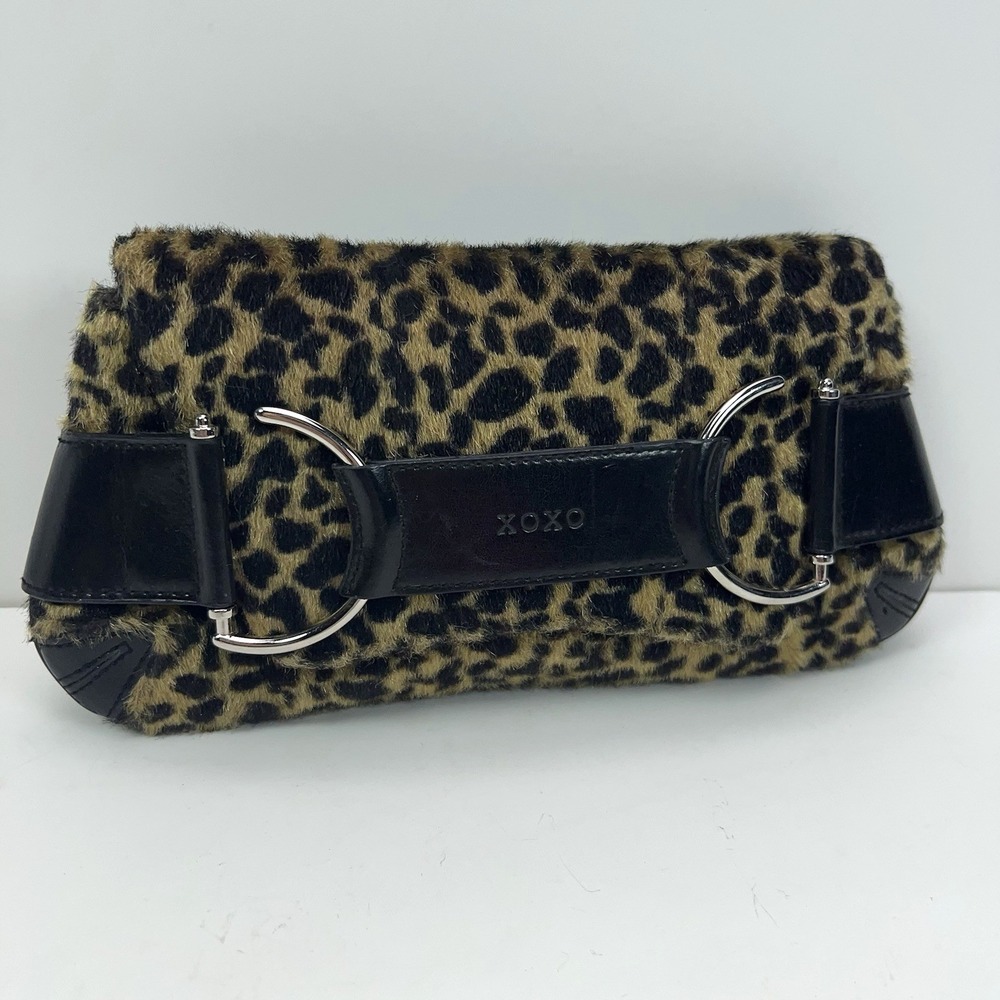 XOXO Clutch Faux Animal Fur Envelope Tuck Close Silver Accents Handbag Retro Y2K